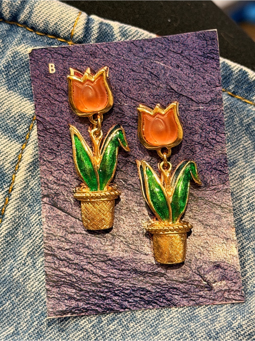 Avon Gold-Tone Orange Tulip Drop Earrings with Green Leaves